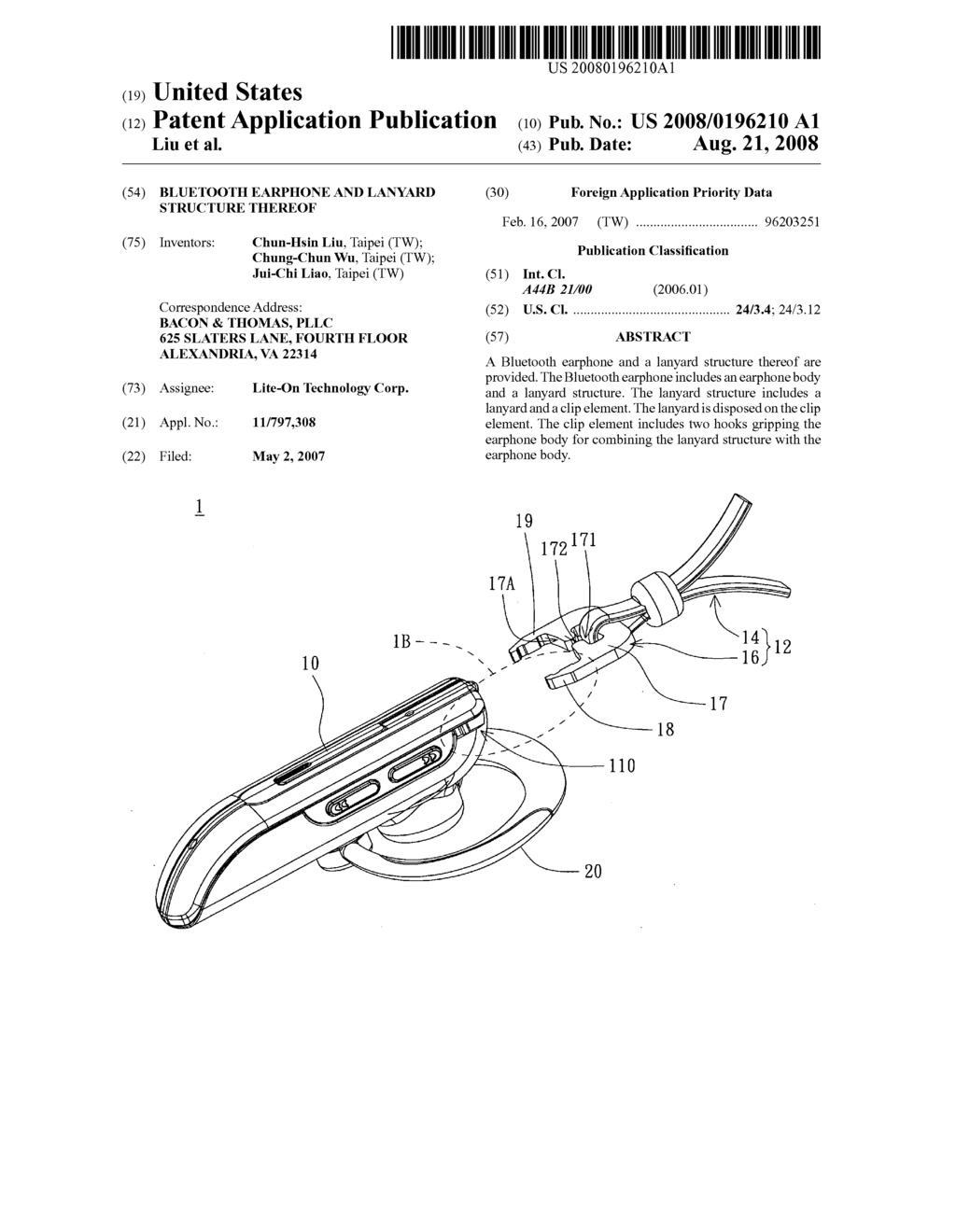 Bluetooth earphone and lanyard structure thereof - diagram, schematic, and image 01