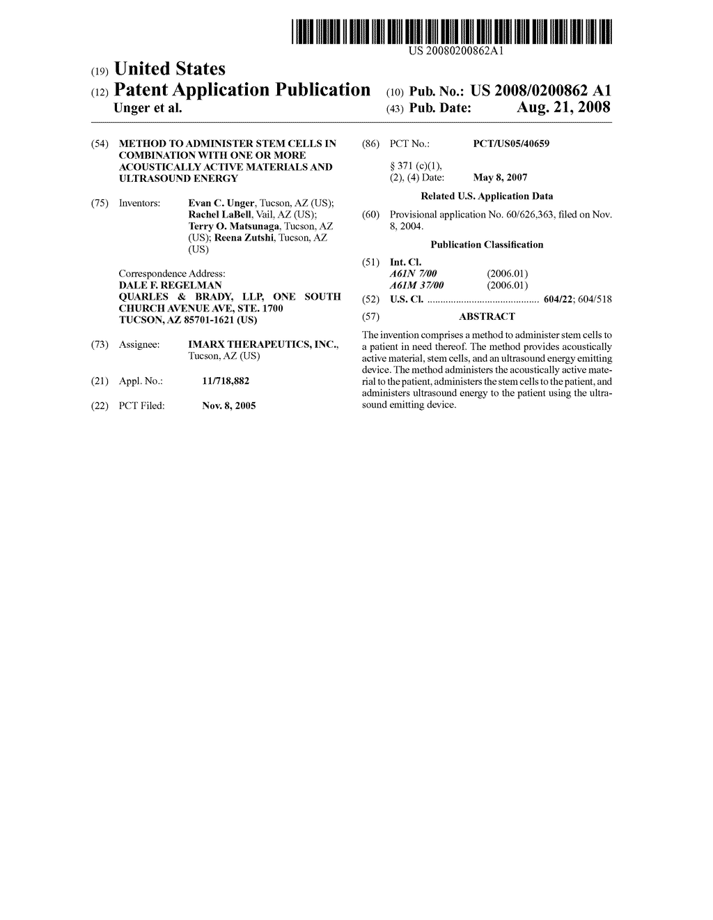 Method To Administer Stem Cells In Combination With One Or More Acoustically Active Materials And Ultrasound Energy - diagram, schematic, and image 01