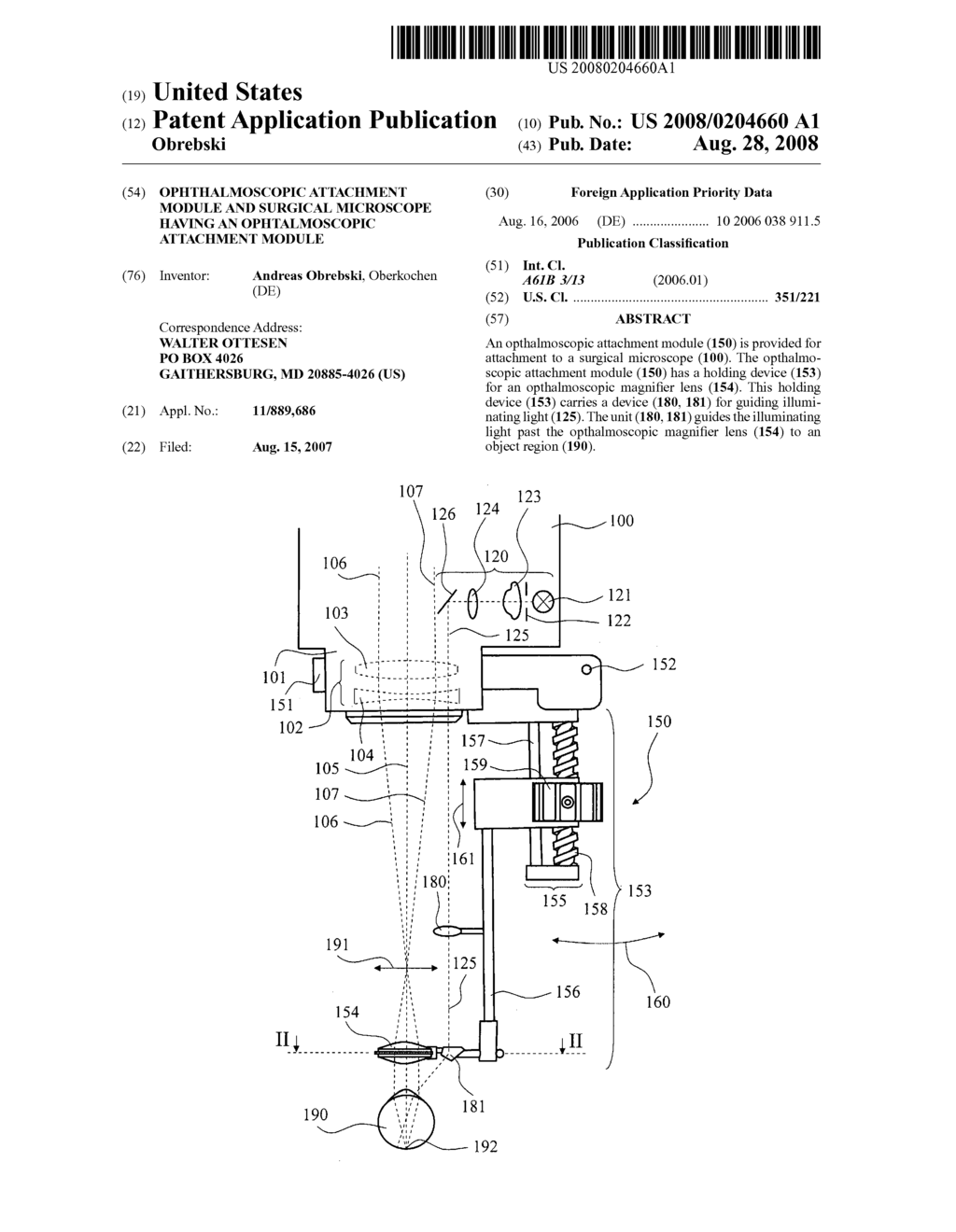 Ophthalmoscopic attachment module and surgical microscope having an ophtalmoscopic attachment module - diagram, schematic, and image 01