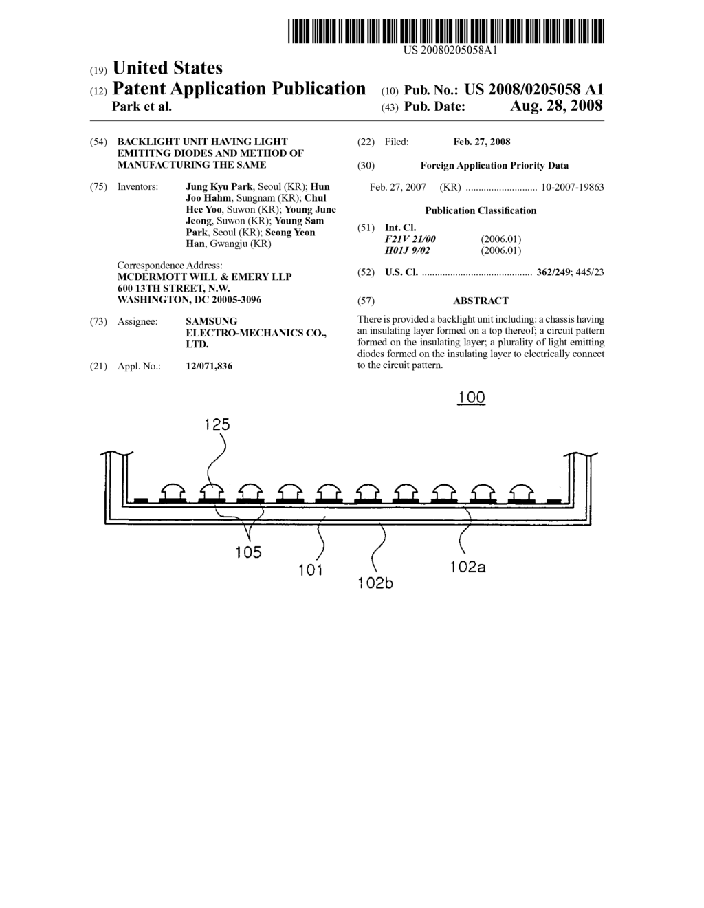 Backlight unit having light emititng diodes and method of manufacturing the same - diagram, schematic, and image 01