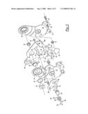 INERTIAL LATCH ASSEMBLY SUCH AS INCORPORATED INTO A REAR ROW PIVOTING SEAT BOTTOM INCLUDING A SLOTTED INERTIAL LOCK PLATE WITH RESISTIVE SUPPORT IN BOTH DESIGN AND UPRIGHT POSITIONS diagram and image