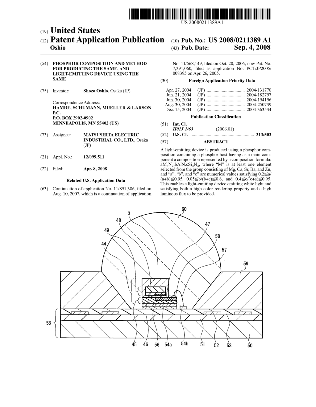 PHOSPHOR COMPOSITION AND METHOD FOR PRODUCING THE SAME, AND LIGHT-EMITTING DEVICE USING THE SAME - diagram, schematic, and image 01