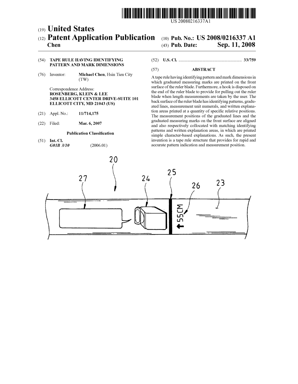 Tape rule having identifying pattern and mark dimensions - diagram, schematic, and image 01