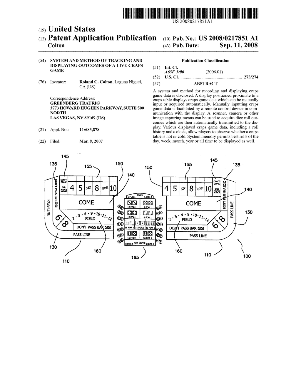 SYSTEM AND METHOD OF TRACKING AND DISPLAYING OUTCOMES OF A LIVE CRAPS GAME - diagram, schematic, and image 01