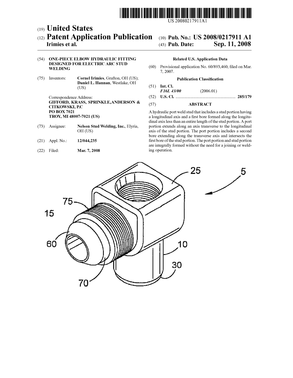 ONE-PIECE ELBOW HYDRAULIC FITTING DESIGNED FOR ELECTRIC ARC STUD WELDING - diagram, schematic, and image 01