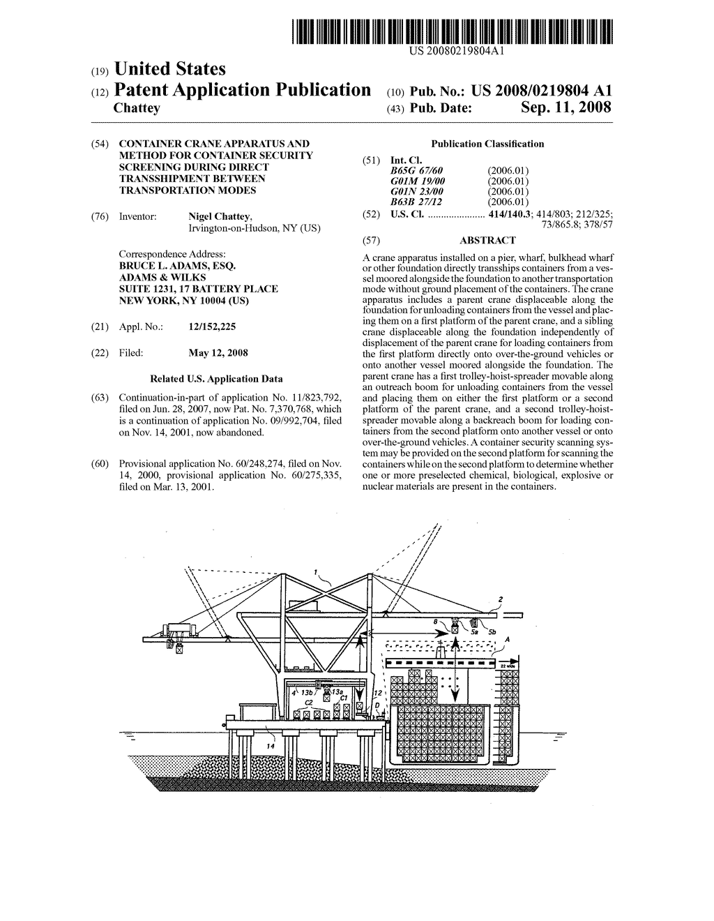 Container crane apparatus and method for container security screening during direct transshipment between transportation modes - diagram, schematic, and image 01