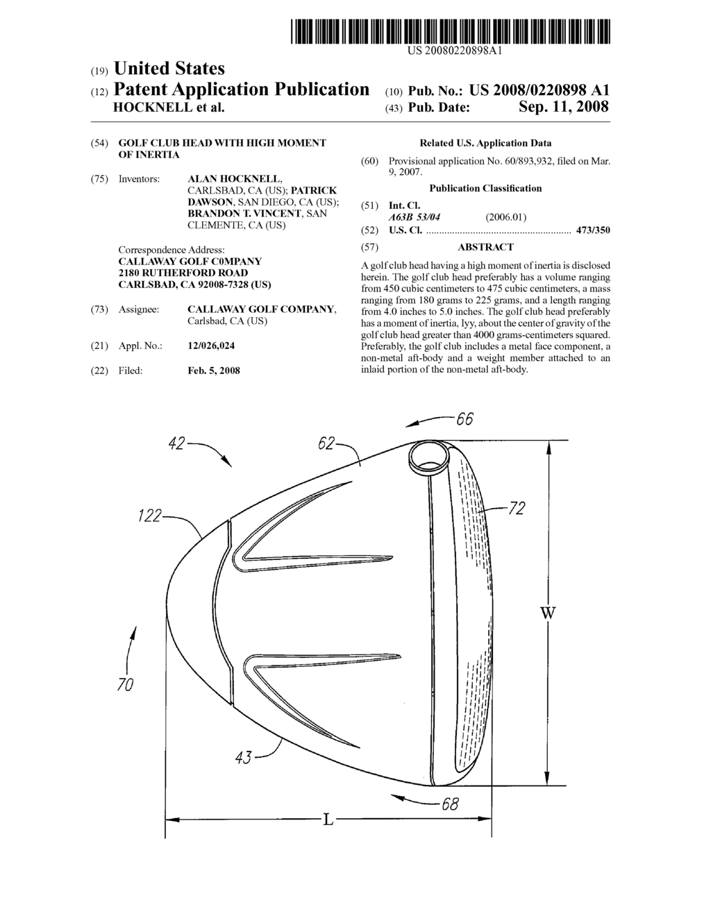 GOLF CLUB HEAD WITH HIGH MOMENT OF INERTIA - diagram, schematic, and image 01