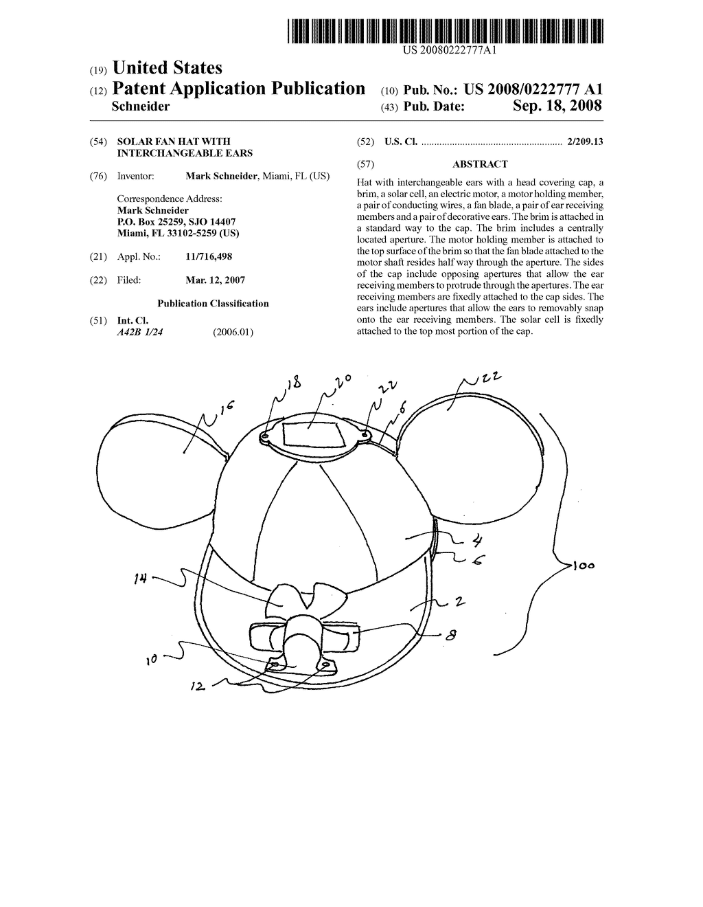 Solar fan hat with interchangeable ears - diagram, schematic, and image 01