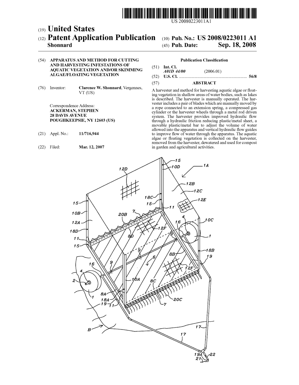 Apparatus and method for cutting and harvesting infestations of aquatic vegetation and/or skimming algae/floating vegetation - diagram, schematic, and image 01