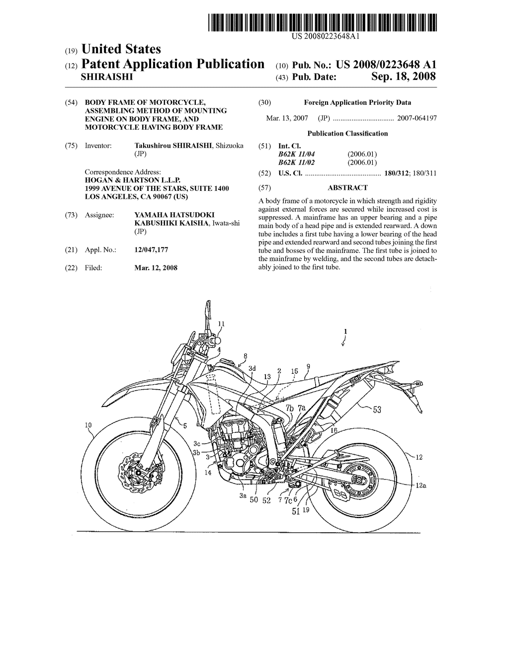 Body Frame of Motorcycle, Assembling Method of Mounting Engine on Body Frame, and Motorcycle Having Body Frame - diagram, schematic, and image 01