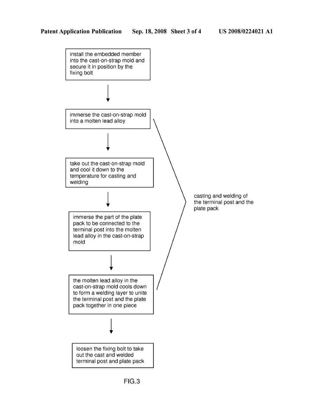 Cast-on-strap mold and method for producing a terminal post comprising an embedded member at one time - diagram, schematic, and image 04