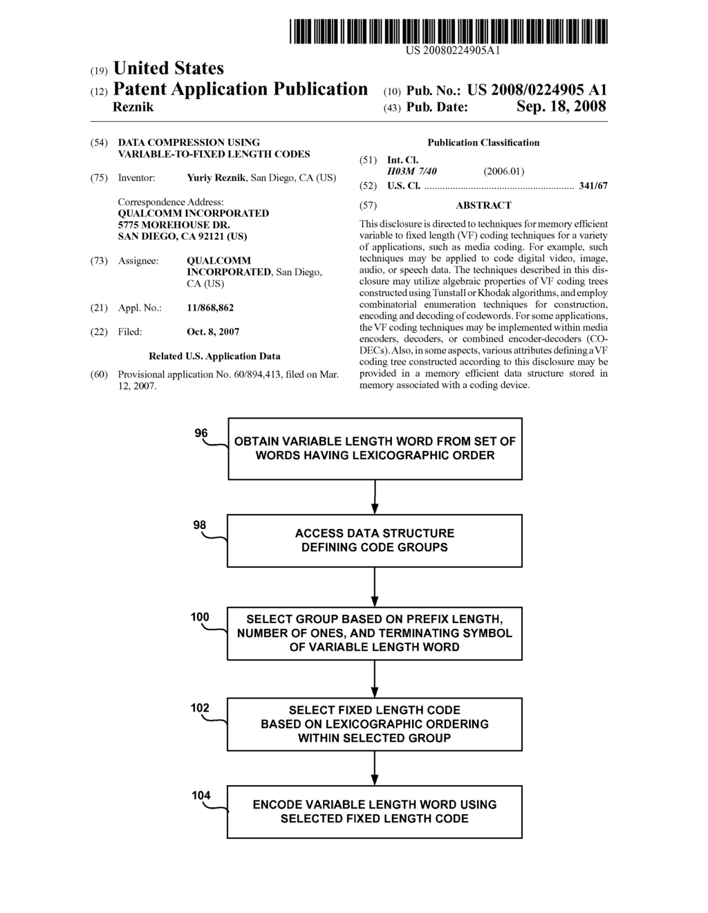 DATA COMPRESSION USING VARIABLE-TO-FIXED LENGTH CODES - diagram, schematic, and image 01