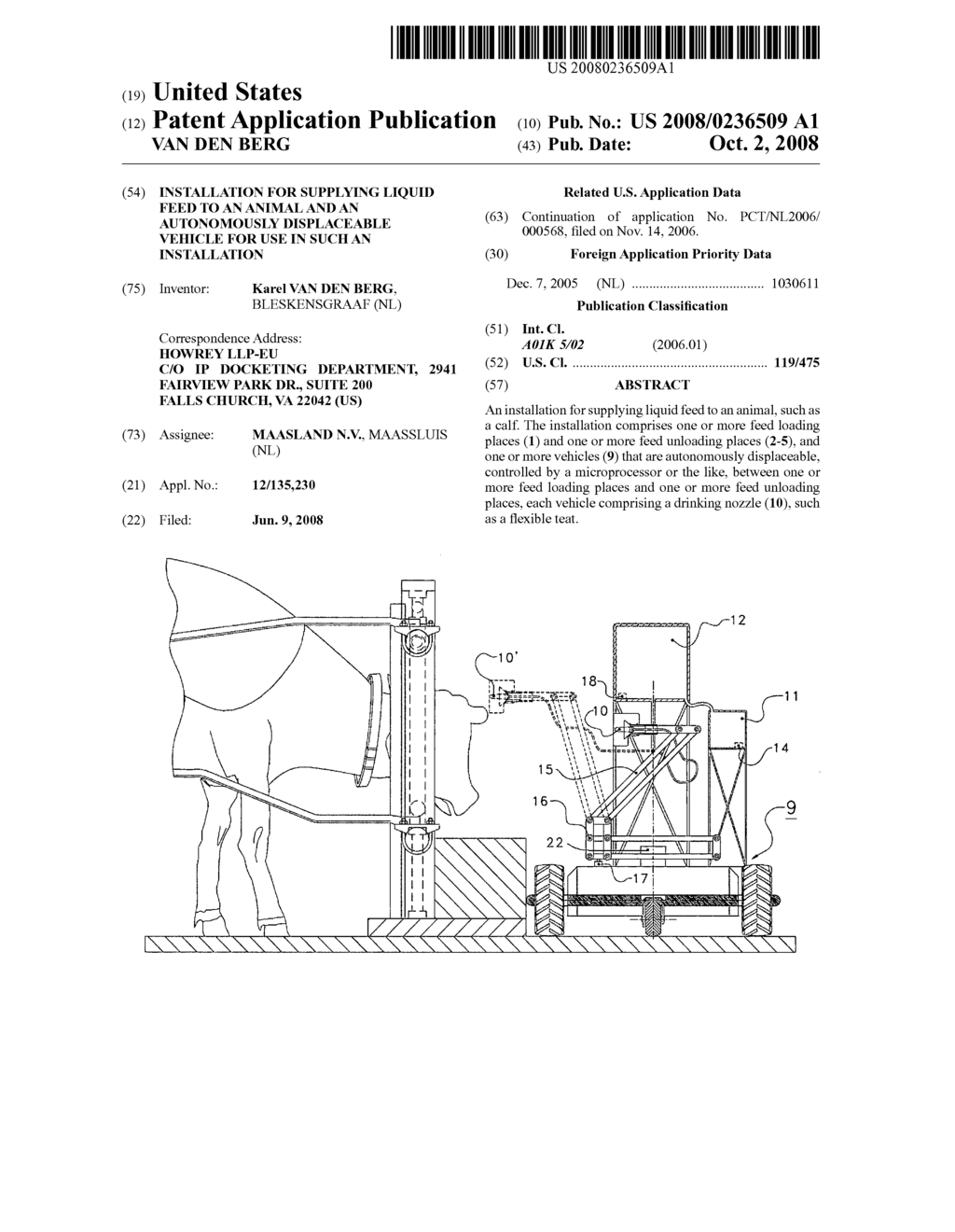 INSTALLATION FOR SUPPLYING LIQUID FEED TO AN ANIMAL AND AN AUTONOMOUSLY DISPLACEABLE VEHICLE FOR USE IN SUCH AN INSTALLATION - diagram, schematic, and image 01