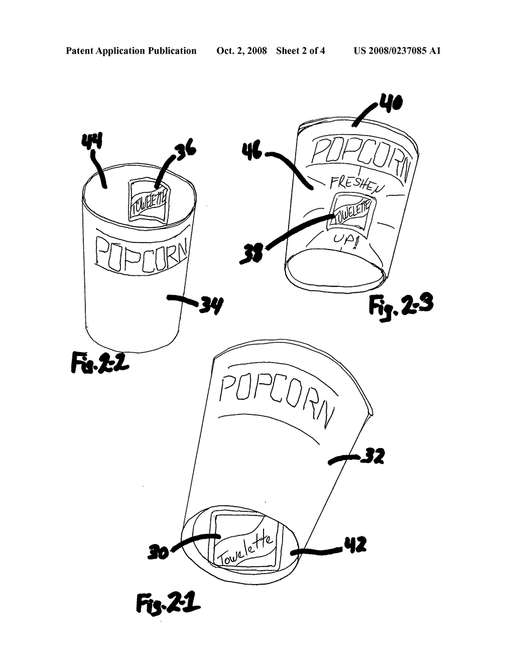 Popcorn containers with individual-use, moist towelette packages semi-permanently affixed to their surfaces, though easily removed for use, for providing users with a means of personal hygiene inherent within each container - diagram, schematic, and image 03