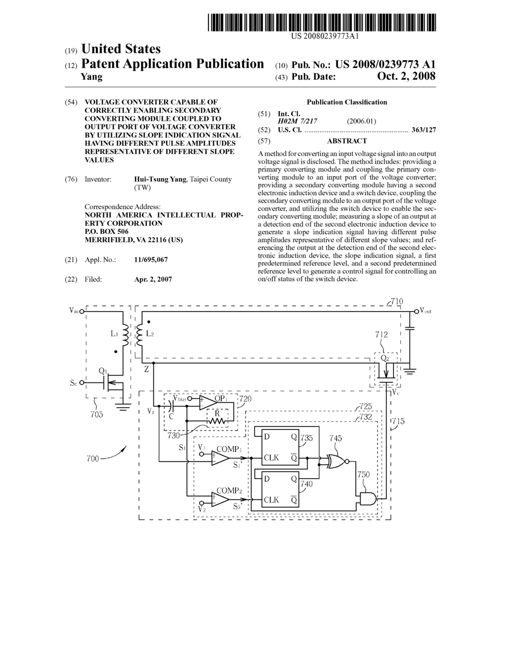 VOLTAGE CONVERTER CAPABLE OF CORRECTLY ENABLING SECONDARY CONVERTING MODULE COUPLED TO OUTPUT PORT OF VOLTAGE CONVERTER BY UTILIZING SLOPE INDICATION SIGNAL HAVING DIFFERENT PULSE AMPLITUDES REPRESENTATIVE OF DIFFERENT SLOPE VALUES - diagram, schematic, and image 01