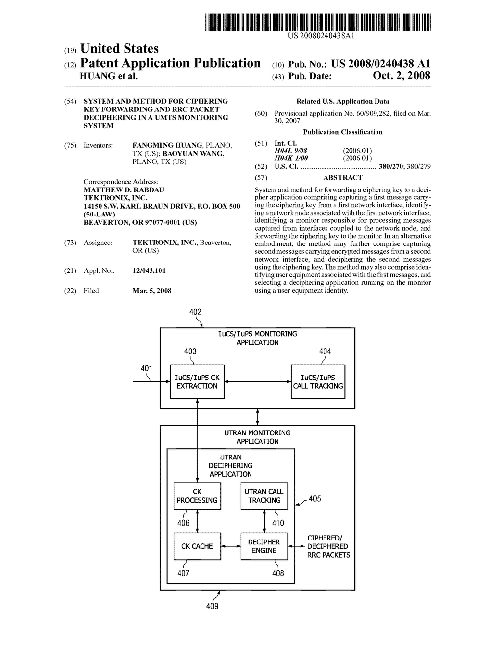 SYSTEM AND METHOD FOR CIPHERING KEY FORWARDING AND RRC PACKET DECIPHERING IN A UMTS MONITORING SYSTEM - diagram, schematic, and image 01