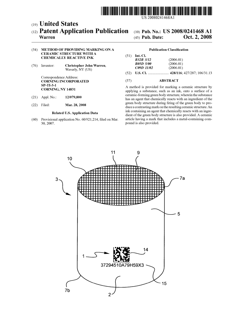 Method of providing marking on a ceramic structure with a chemically reactive ink - diagram, schematic, and image 01