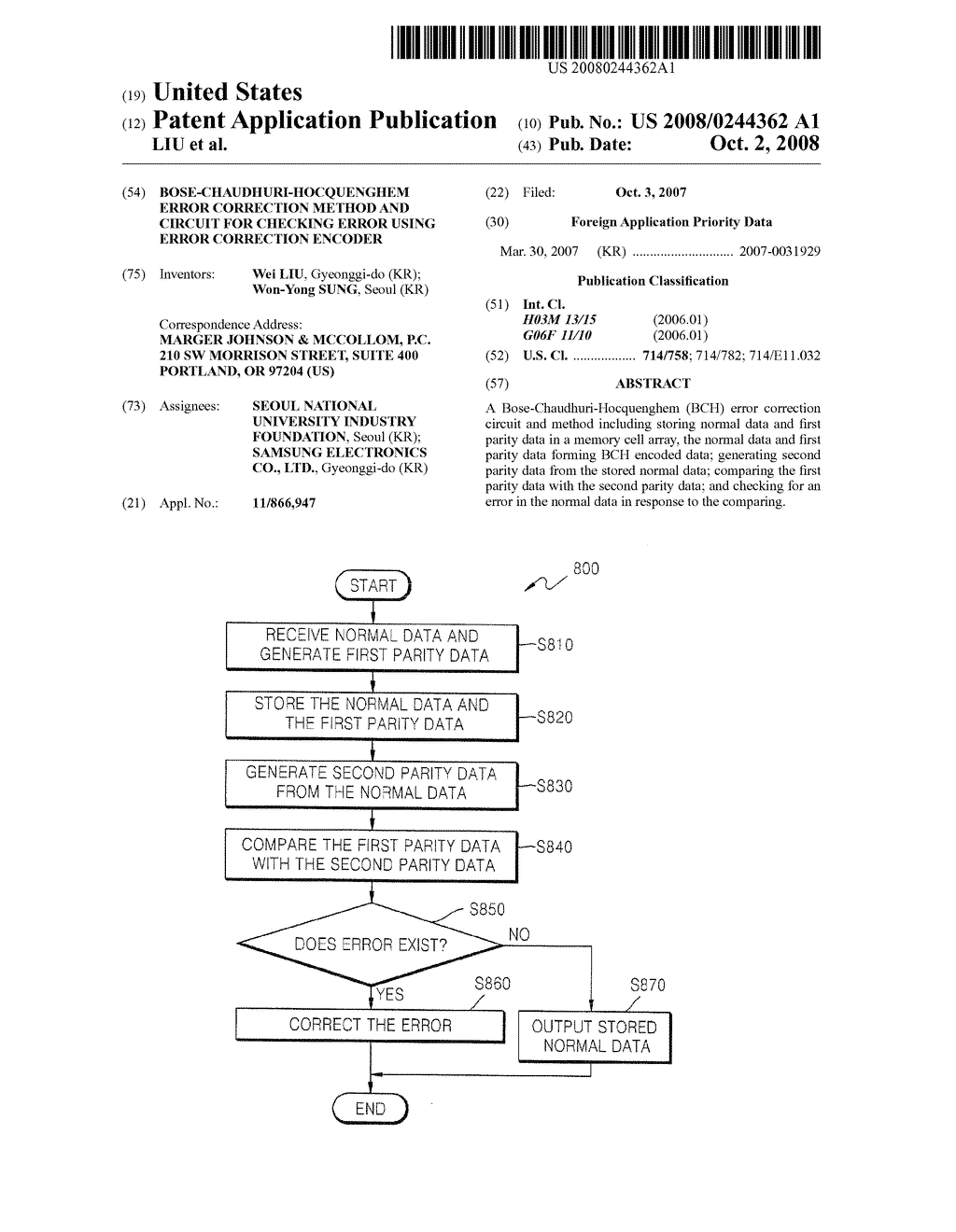 BOSE-CHAUDHURI-HOCQUENGHEM ERROR CORRECTION METHOD AND CIRCUIT FOR CHECKING ERROR USING ERROR CORRECTION ENCODER - diagram, schematic, and image 01