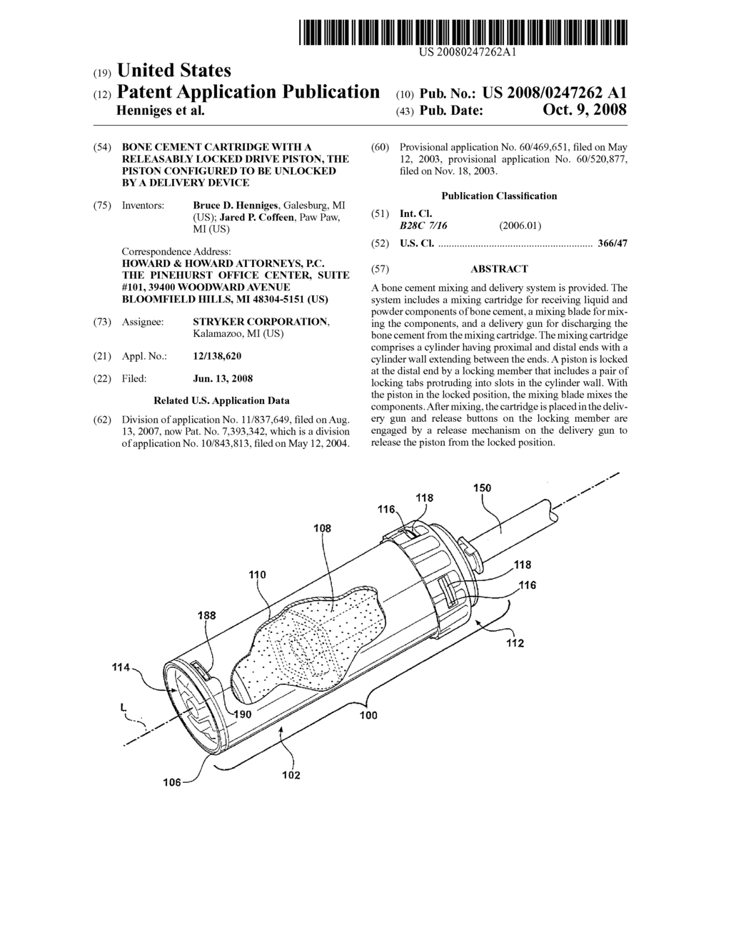 BONE CEMENT CARTRIDGE WITH A RELEASABLY LOCKED DRIVE PISTON, THE PISTON CONFIGURED TO BE UNLOCKED BY A DELIVERY DEVICE - diagram, schematic, and image 01