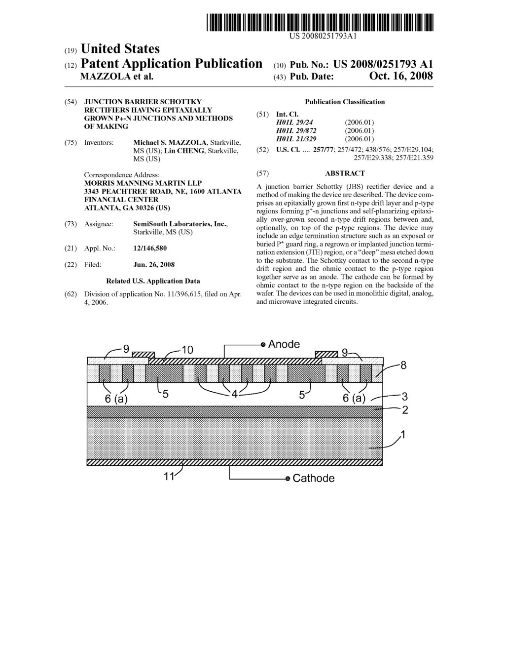 JUNCTION BARRIER SCHOTTKY RECTIFIERS HAVING EPITAXIALLY GROWN P+-N JUNCTIONS AND METHODS OF MAKING - diagram, schematic, and image 01