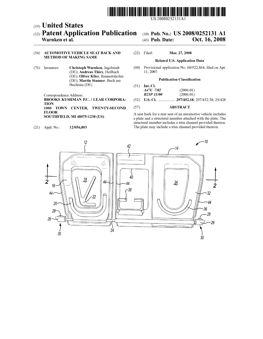 AUTOMOTIVE VEHICLE SEAT BACK AND METHOD OF MAKING SAME - diagram, schematic, and image 01