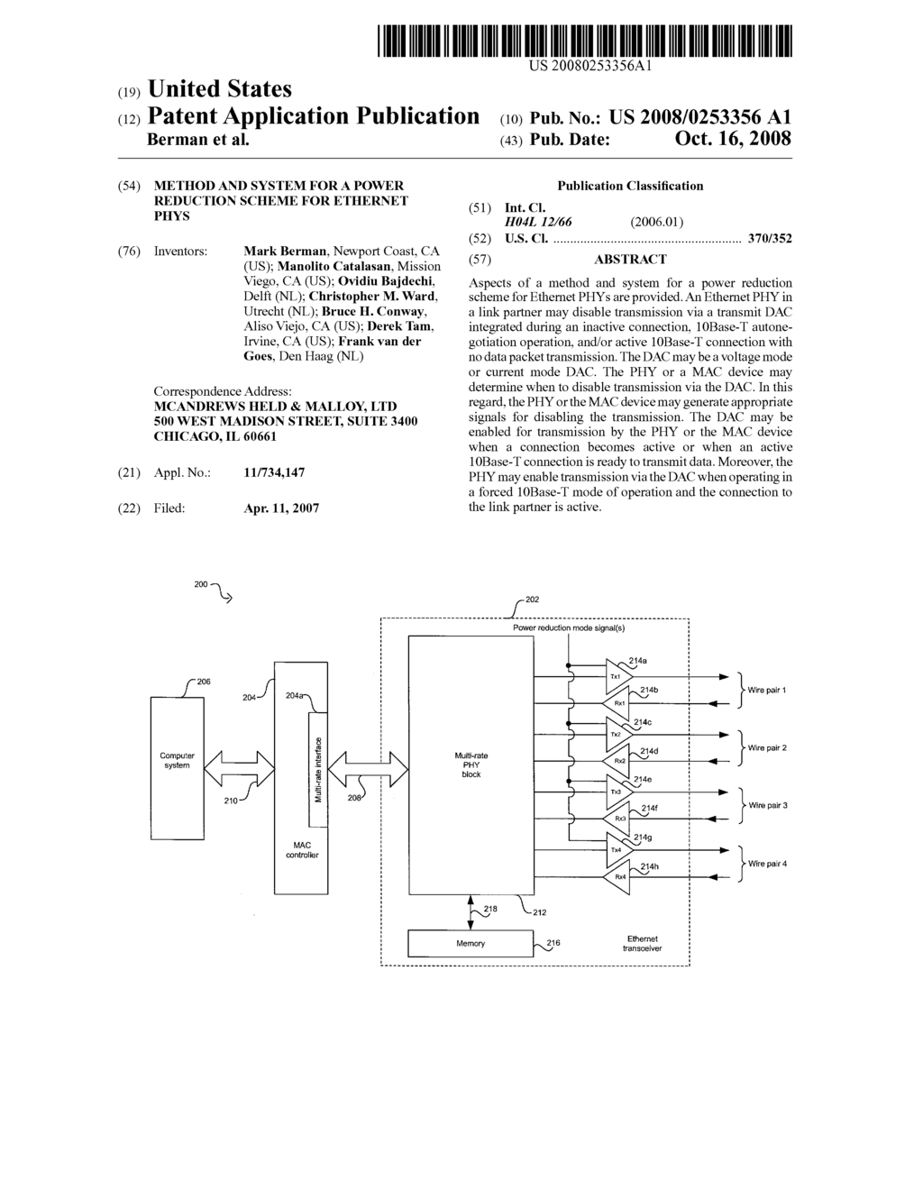 METHOD AND SYSTEM FOR A POWER REDUCTION SCHEME FOR ETHERNET PHYS - diagram, schematic, and image 01