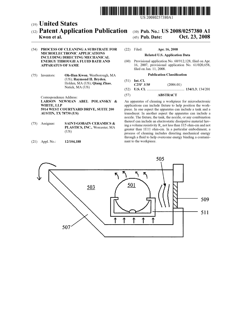 PROCESS OF CLEANING A SUBSTRATE FOR MICROELECTRONIC APPLICATIONS INCLUDING DIRECTING MECHANICAL ENERGY THROUGH A FLUID BATH AND APPARATUS OF SAME - diagram, schematic, and image 01