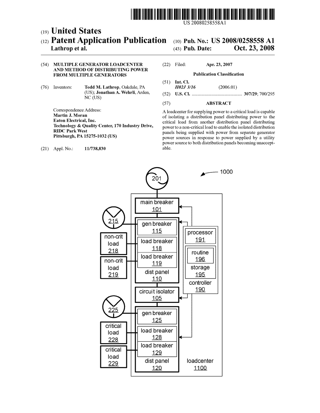 MULTIPLE GENERATOR LOADCENTER AND METHOD OF DISTRIBUTING POWER FROM MULTIPLE GENERATORS - diagram, schematic, and image 01