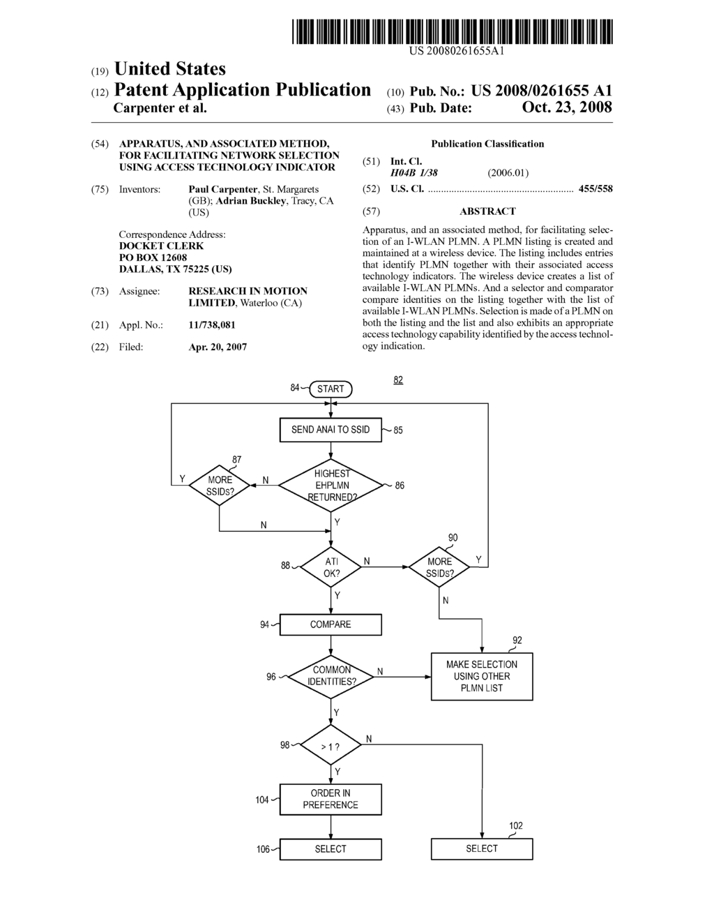 APPARATUS, AND ASSOCIATED METHOD, FOR FACILITATING NETWORK SELECTION USING ACCESS TECHNOLOGY INDICATOR - diagram, schematic, and image 01