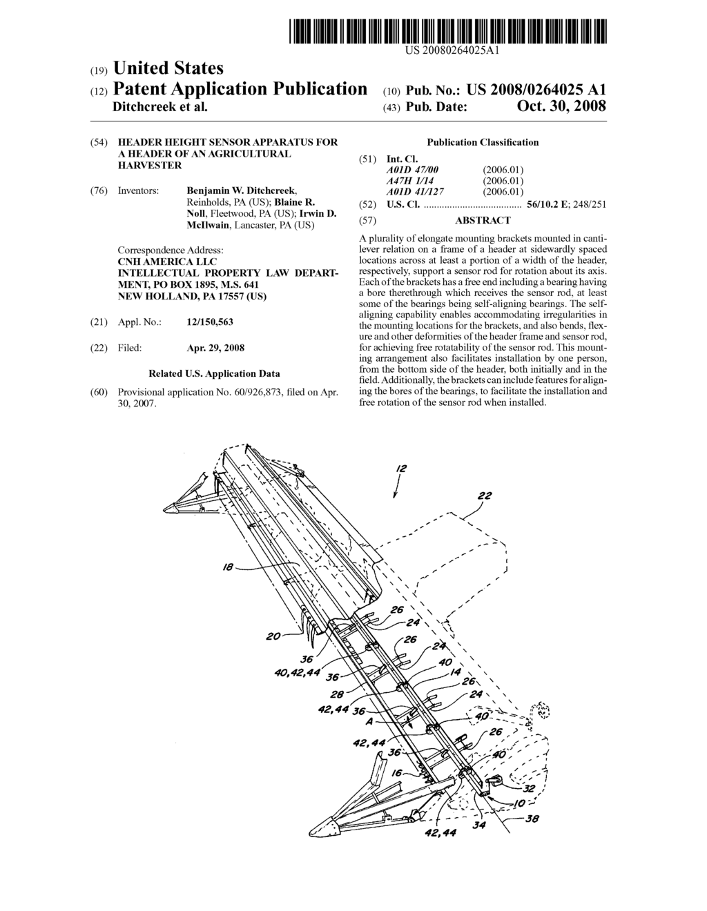 Header height sensor apparatus for a header of an agricultural harvester - diagram, schematic, and image 01