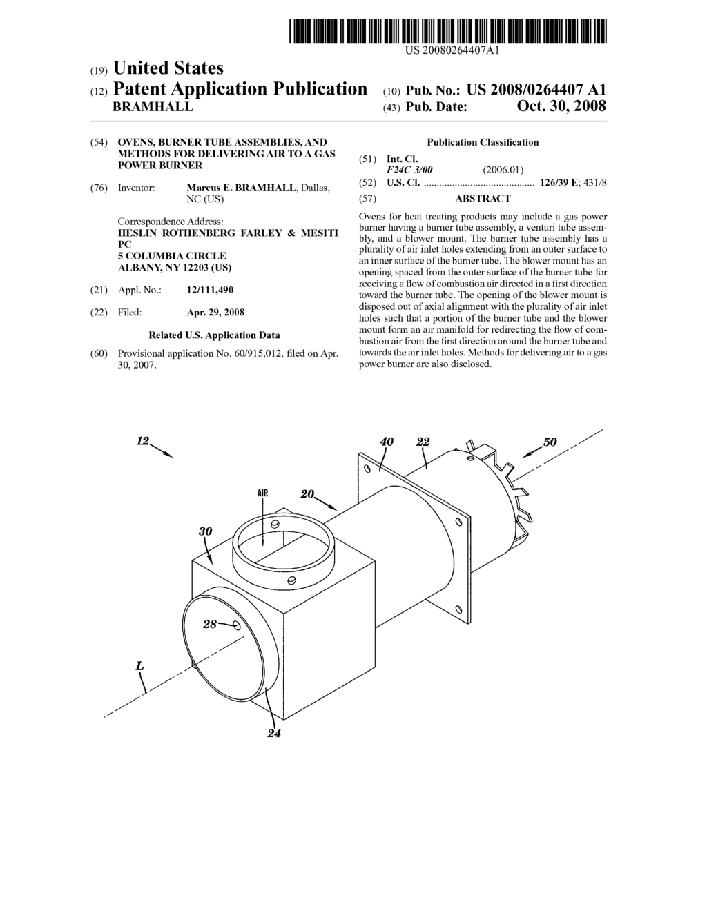 OVENS, BURNER TUBE ASSEMBLIES, AND METHODS FOR DELIVERING AIR TO A GAS POWER BURNER - diagram, schematic, and image 01