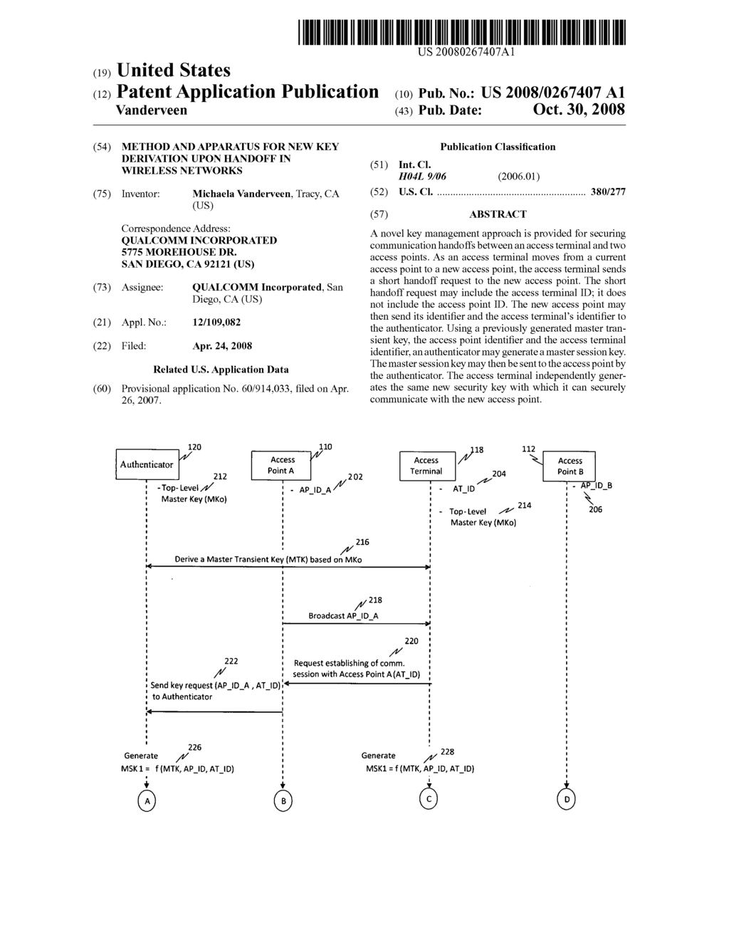 Method and Apparatus for New Key Derivation Upon Handoff in Wireless Networks - diagram, schematic, and image 01