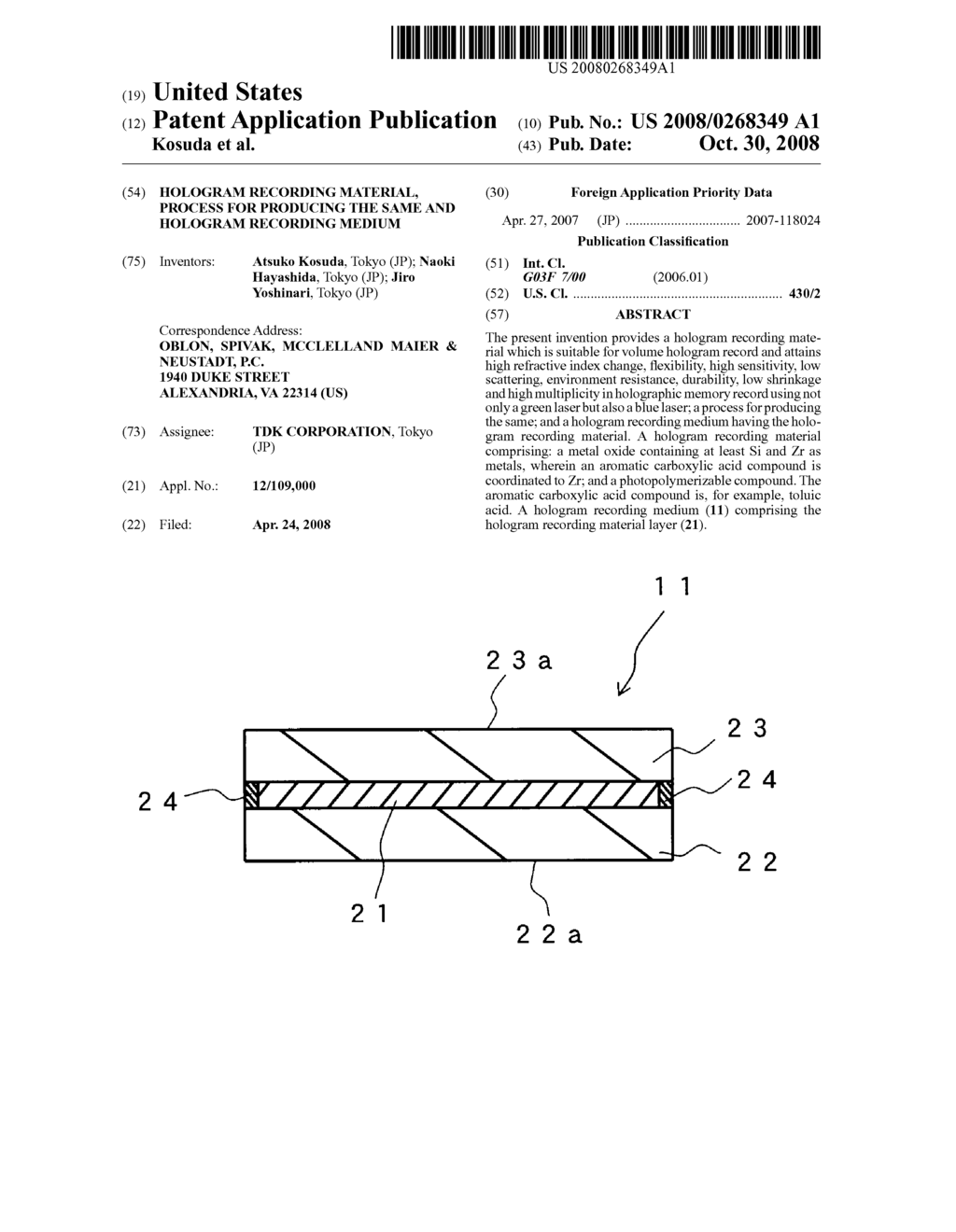 HOLOGRAM RECORDING MATERIAL, PROCESS FOR PRODUCING THE SAME AND HOLOGRAM RECORDING MEDIUM - diagram, schematic, and image 01