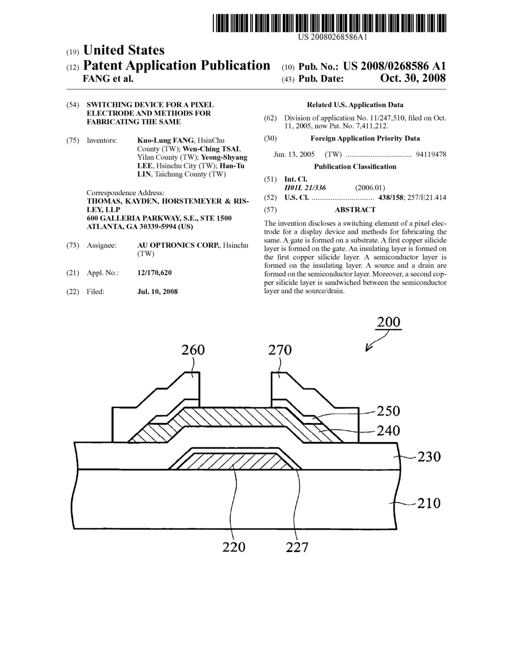 SWITCHING DEVICE FOR A PIXEL ELECTRODE AND METHODS FOR FABRICATING THE SAME - diagram, schematic, and image 01