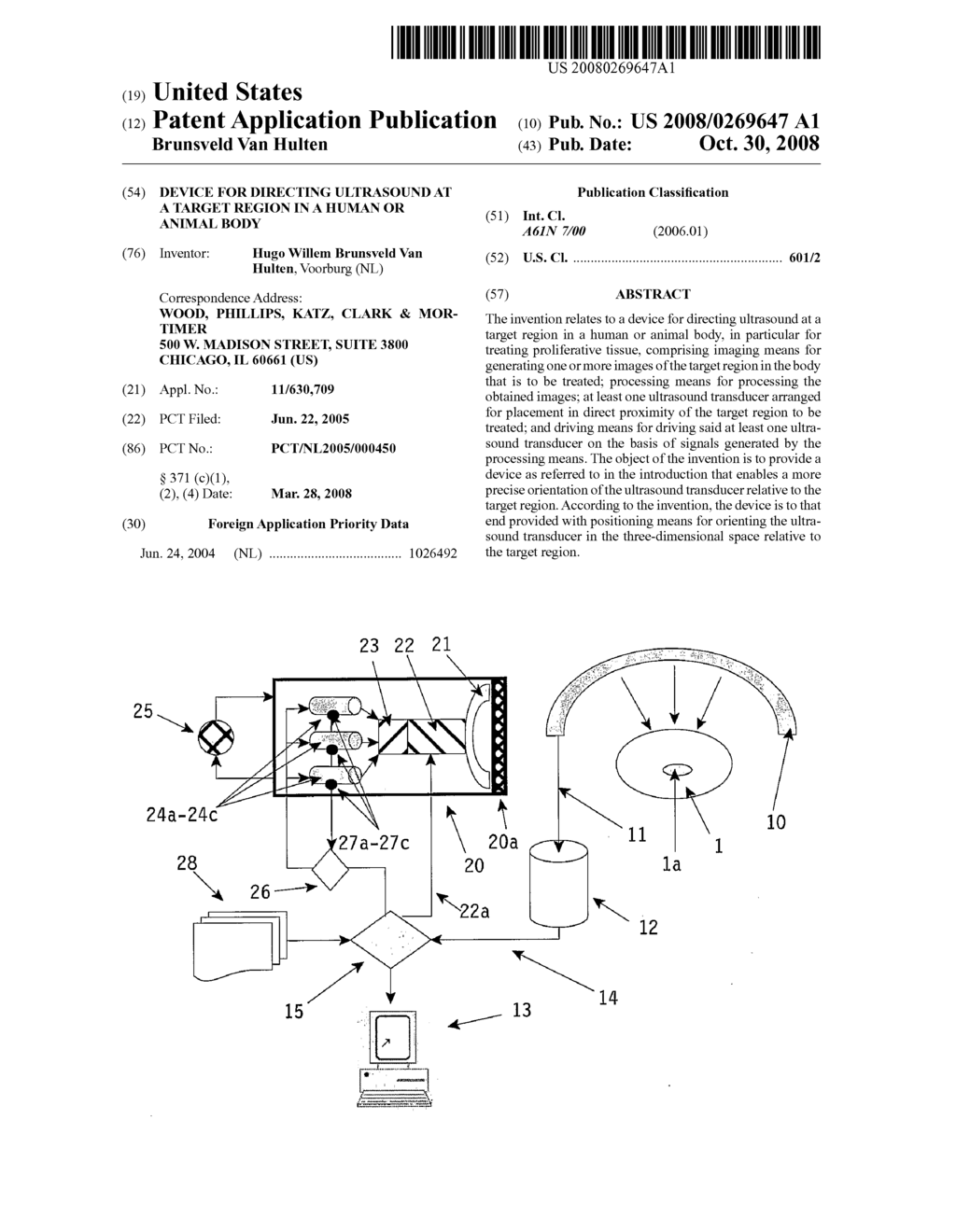 Device for Directing Ultrasound at a Target Region in a Human or Animal Body - diagram, schematic, and image 01