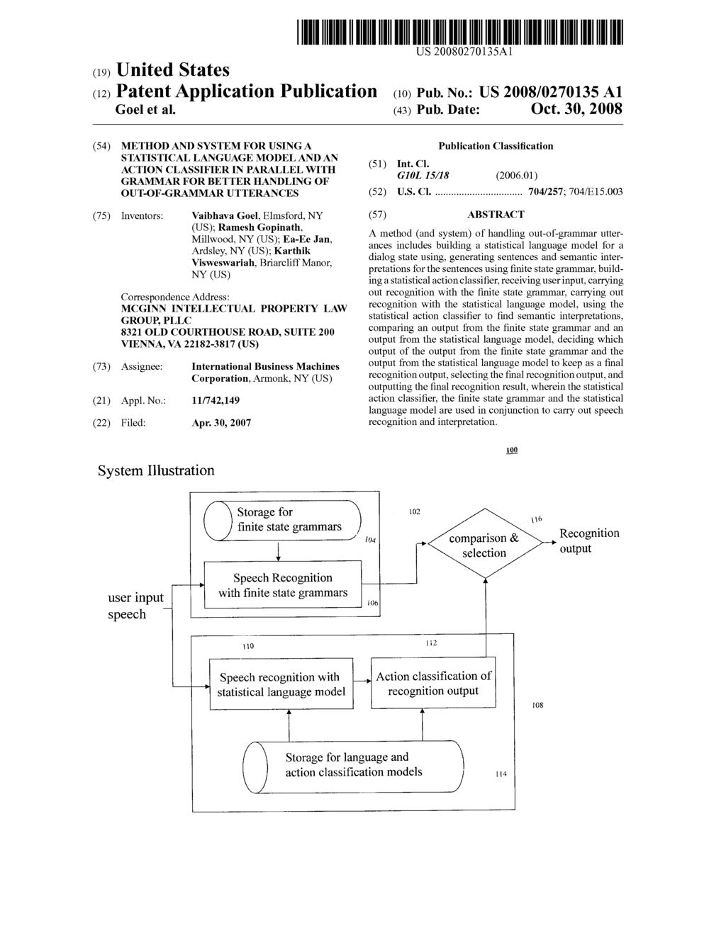 METHOD AND SYSTEM FOR USING A STATISTICAL LANGUAGE MODEL AND AN ACTION CLASSIFIER IN PARALLEL WITH GRAMMAR FOR BETTER HANDLING OF OUT-OF-GRAMMAR UTTERANCES - diagram, schematic, and image 01