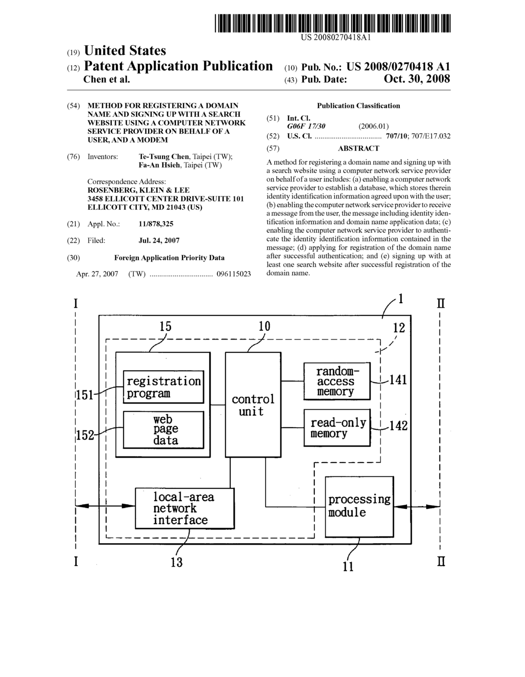 Method for registering a domain name and signing up with a search website using a computer network service provider on behalf of a user, and a modem - diagram, schematic, and image 01