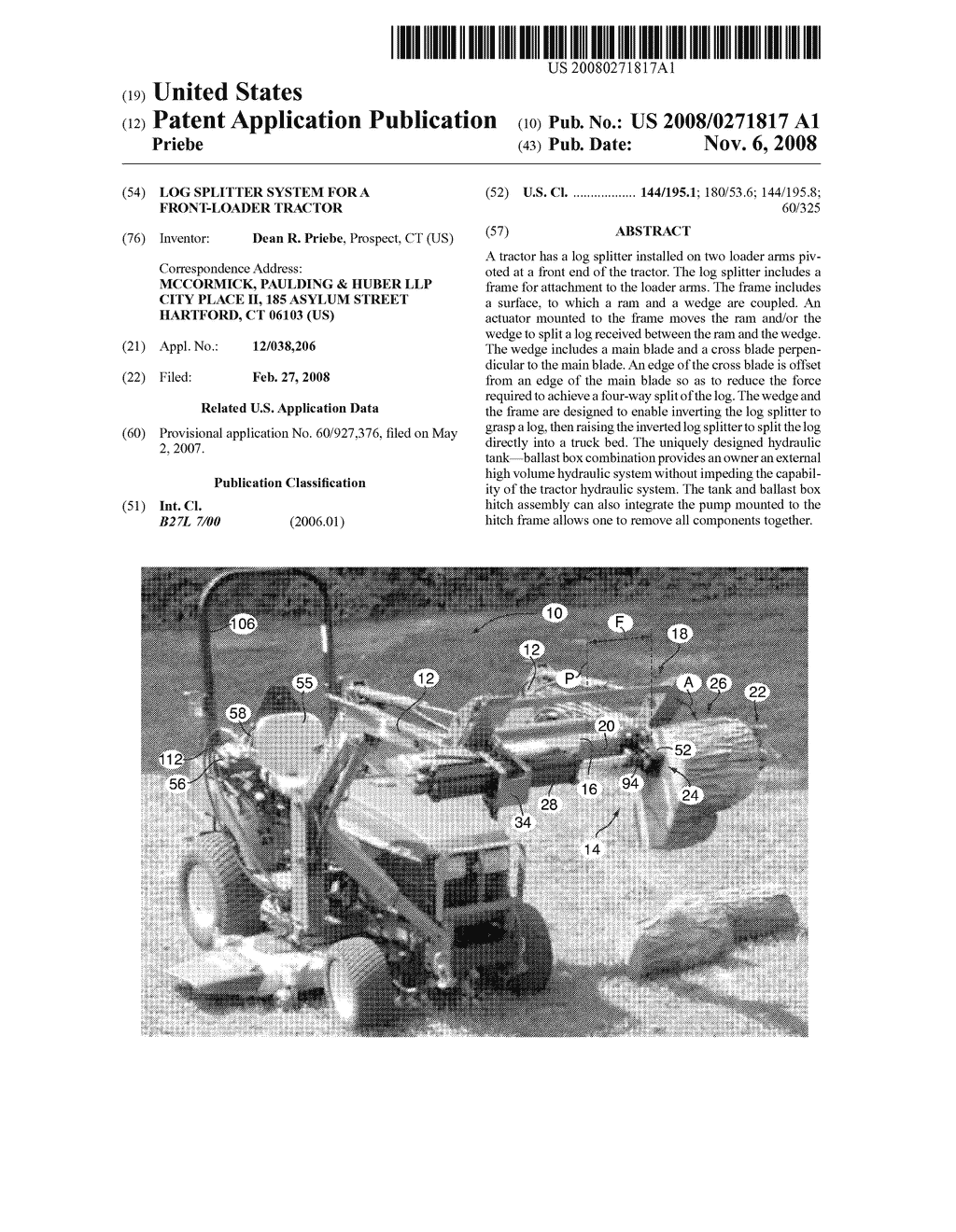 LOG SPLITTER SYSTEM FOR A FRONT-LOADER TRACTOR - diagram, schematic, and image 01