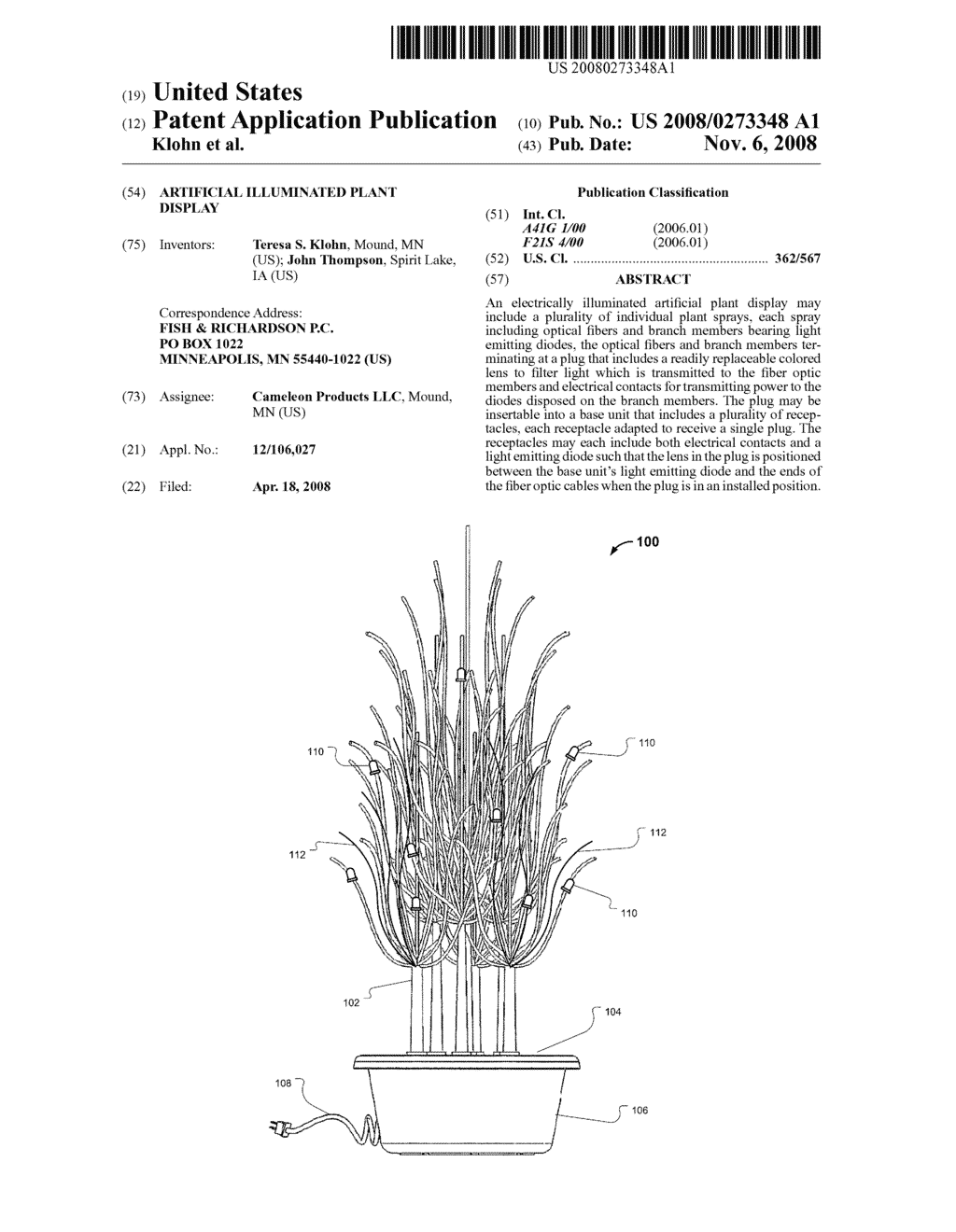 Artificial Illuminated Plant Display - diagram, schematic, and image 01