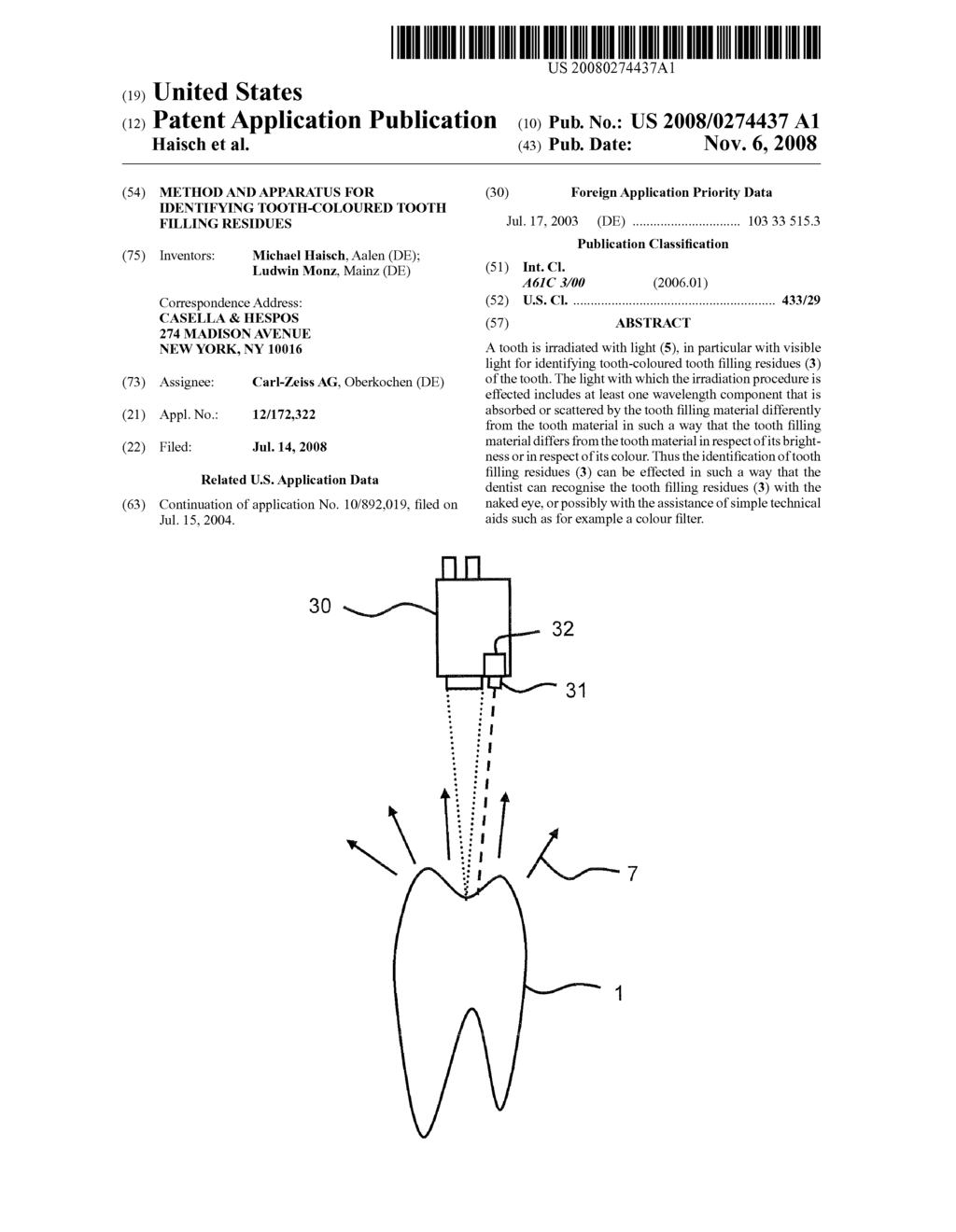 METHOD AND APPARATUS FOR IDENTIFYING TOOTH-COLOURED TOOTH FILLING RESIDUES - diagram, schematic, and image 01