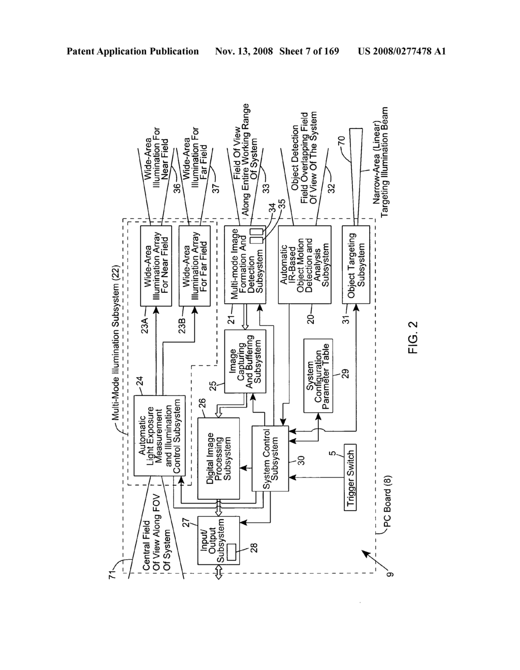 Digital image capture and processing system employing an image formation and detection subsystem having image formation optics providing a field of view (FOV) on an area-type image detection array, and a multi-mode illumination subsystem having near and far field LED-based illumination arrays for illuminating near and far field portions of said FOV - diagram, schematic, and image 09