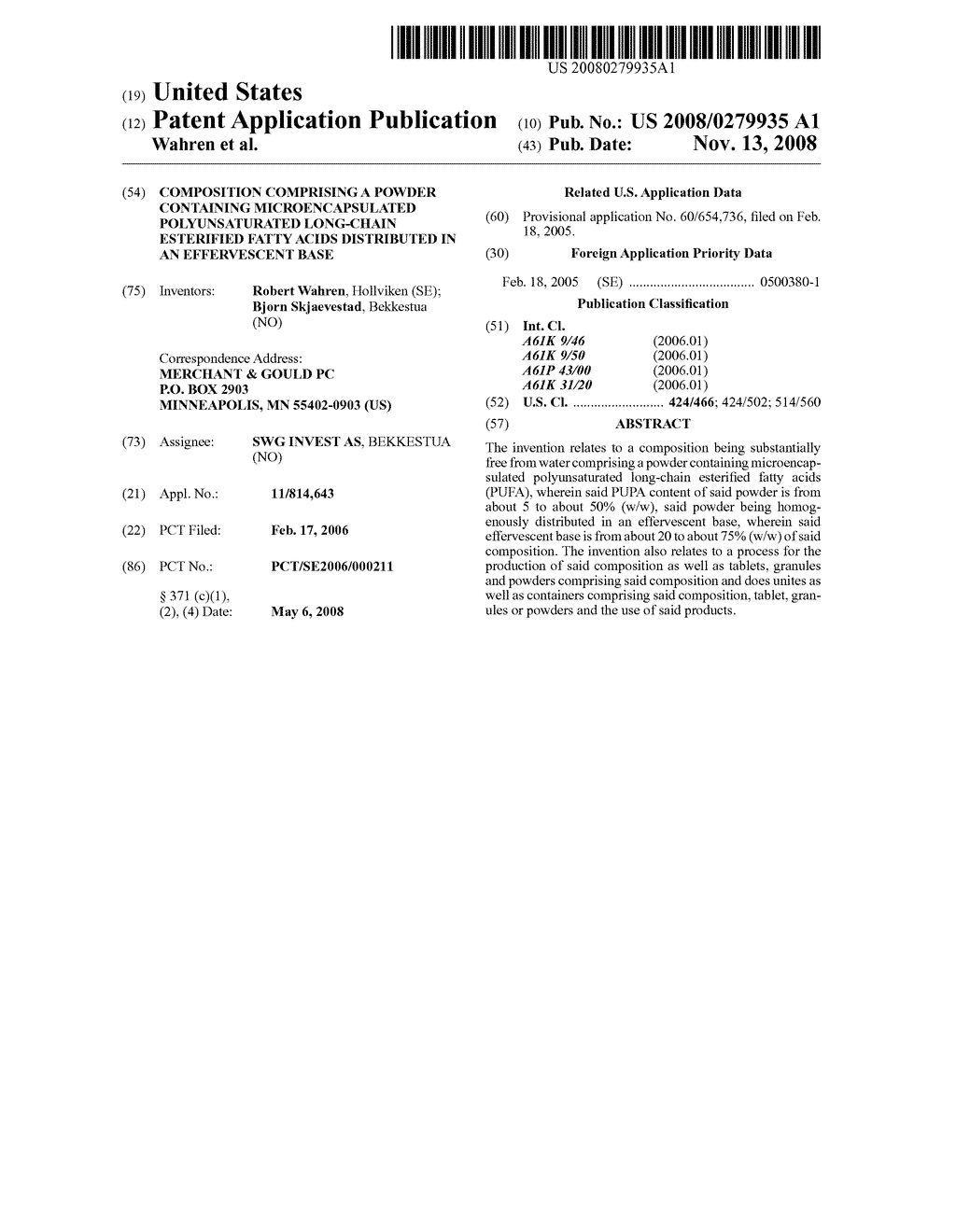 Composition Comprising a Powder Containing Microencapsulated Polyunsaturated Long-Chain Esterified Fatty Acids Distributed in an Effervescent Base - diagram, schematic, and image 01