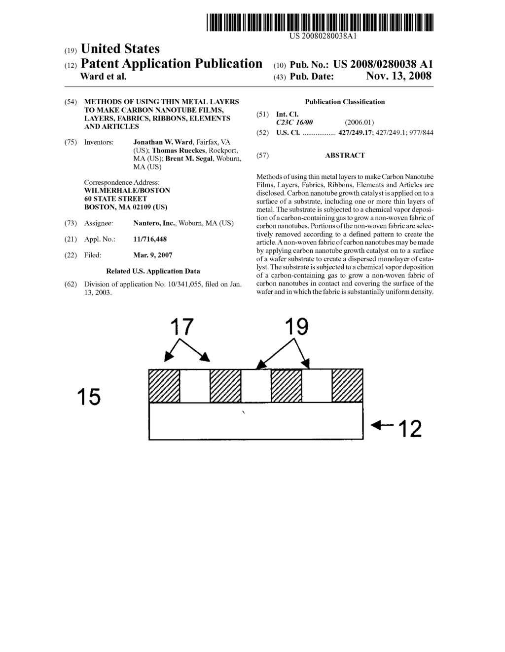 Methods of using thin metal layers to make carbon nanotube films, layers, fabrics, ribbons, elements and articles - diagram, schematic, and image 01