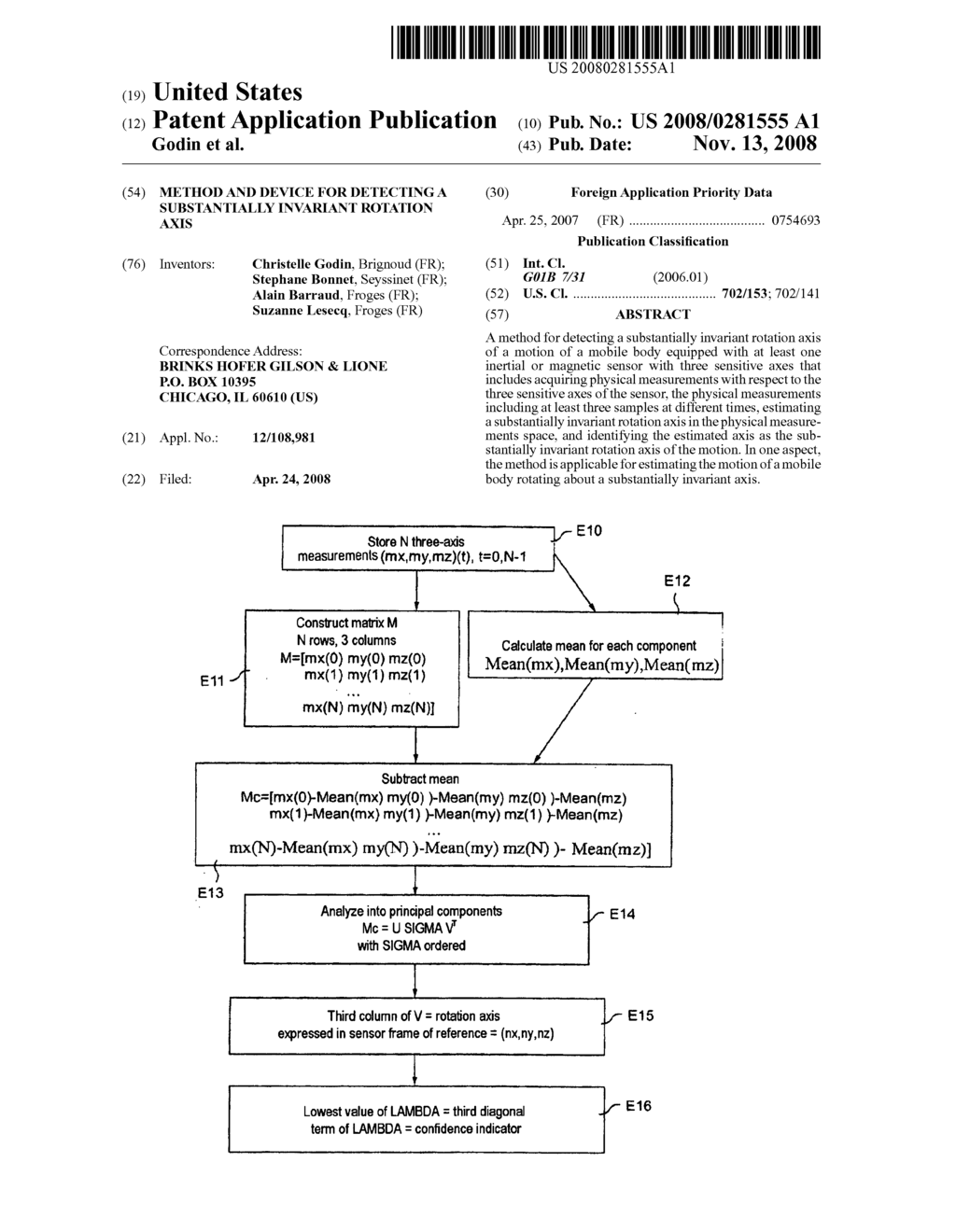 METHOD AND DEVICE FOR DETECTING A SUBSTANTIALLY INVARIANT ROTATION AXIS - diagram, schematic, and image 01