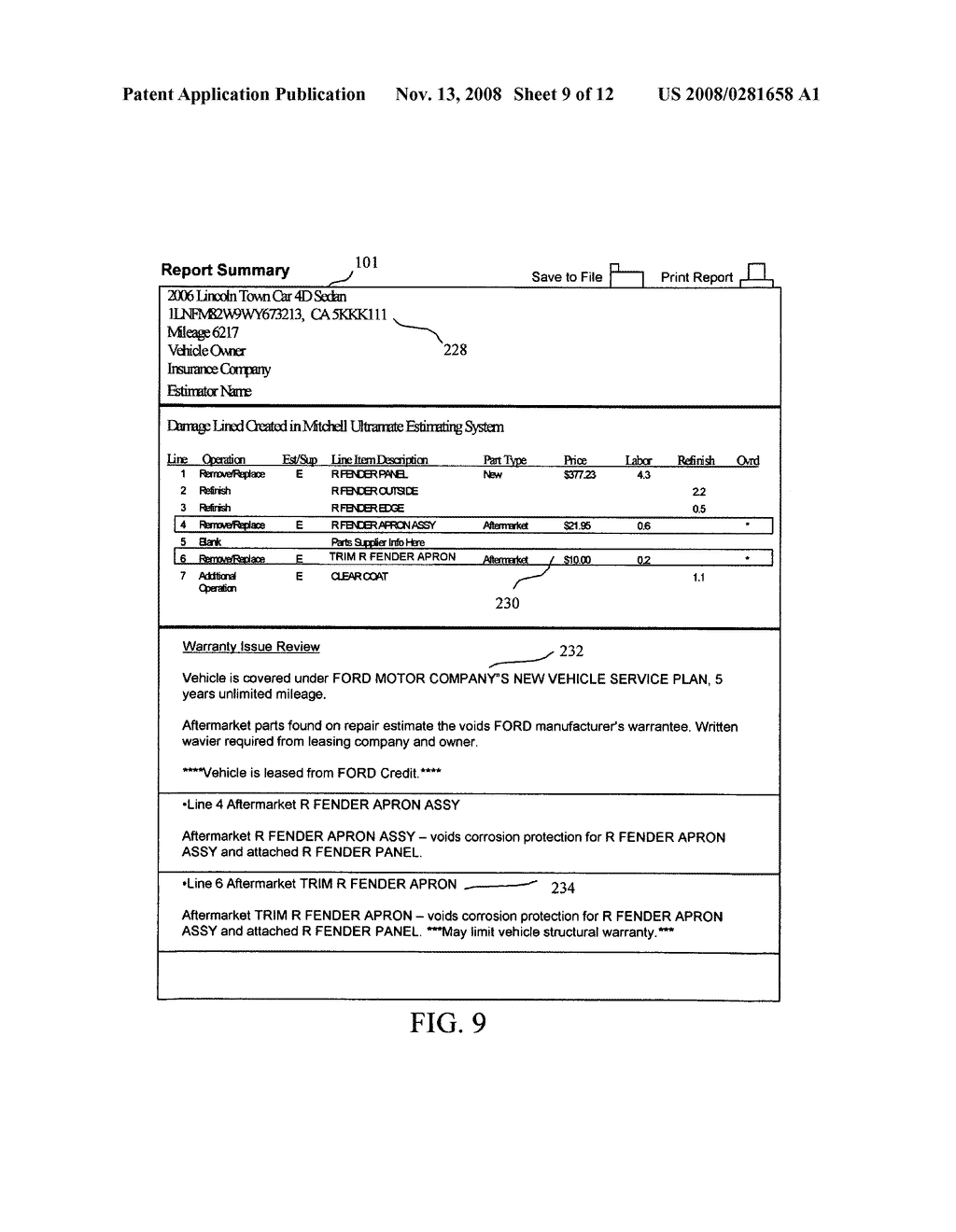 Systems and methods for creating and reviewing vehicle damage repair estimates, and notifying entities of issues relating to manufacturer's warranty or repair content - diagram, schematic, and image 10