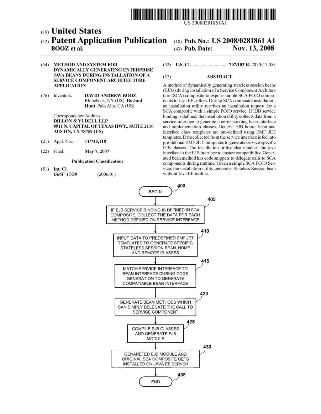 METHOD AND SYSTEM FOR DYNAMICALLY GENERATING ENTERPRISE JAVA BEANS DURING INSTALLATION OF A SERVICE COMPONENT ARCHITECTURE APPLICATION - diagram, schematic, and image 01