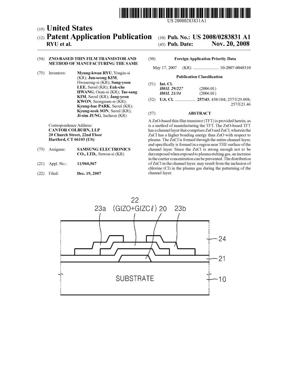 ZnO-BASED THIN FILM TRANSISTOR AND METHOD OF MANUFACTURING THE SAME - diagram, schematic, and image 01