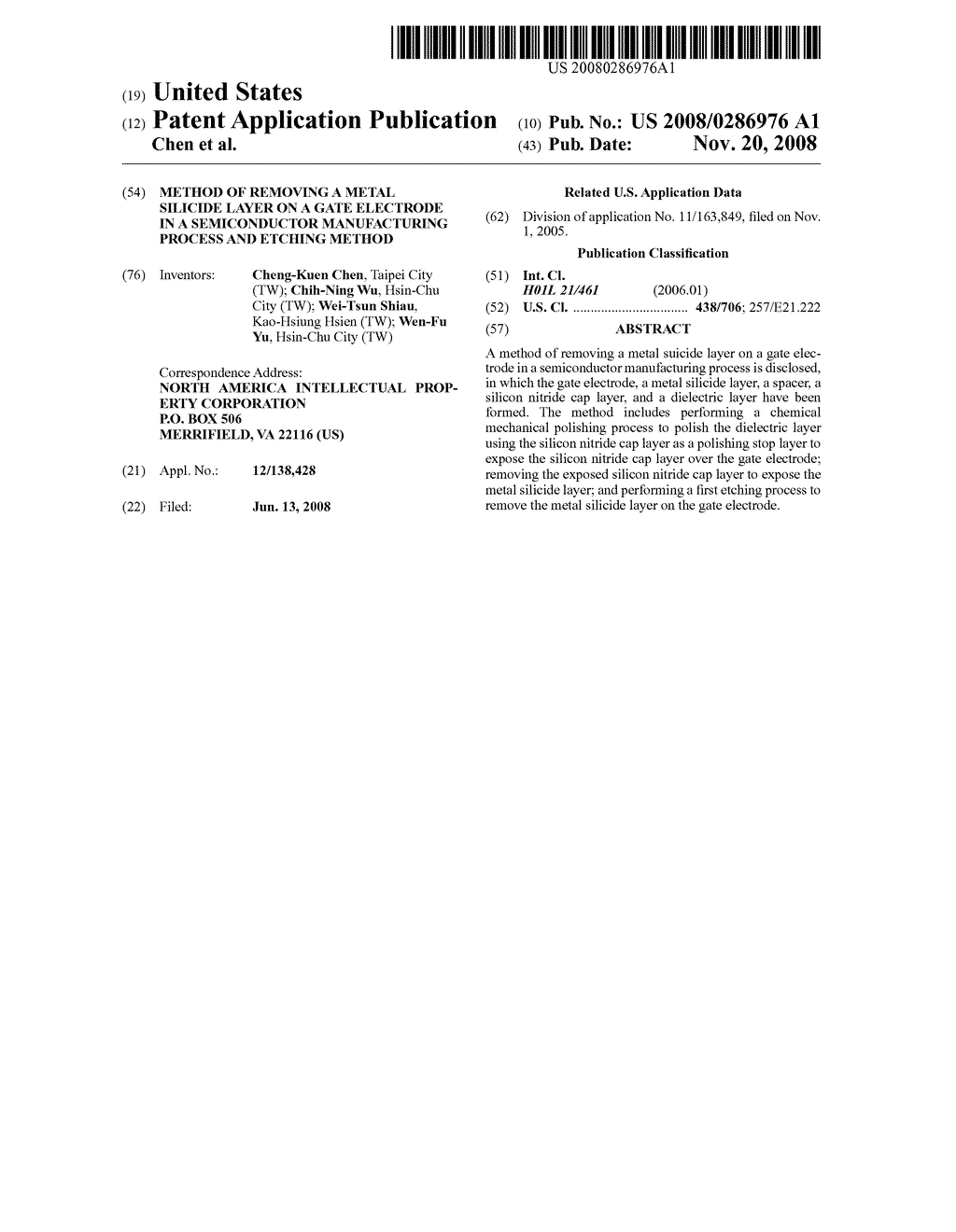 Method of removing a metal silicide layer on a gate electrode in a semiconductor manufacturing process and etching method - diagram, schematic, and image 01