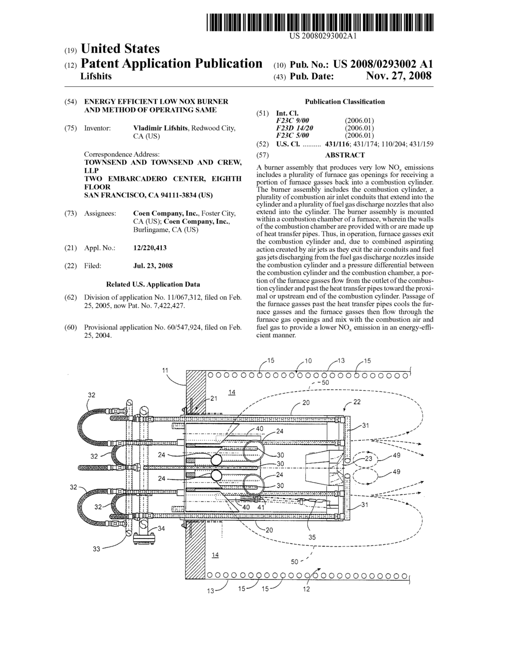 Energy efficient low NOx burner and method of operating same - diagram, schematic, and image 01