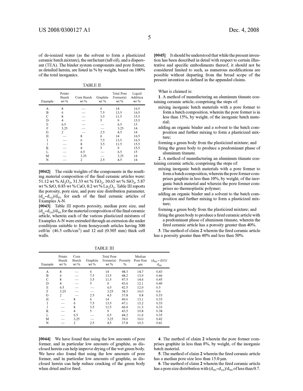 Aluminum titanate ceramic forming batch mixtures and green bodies with pore former - diagram, schematic, and image 08